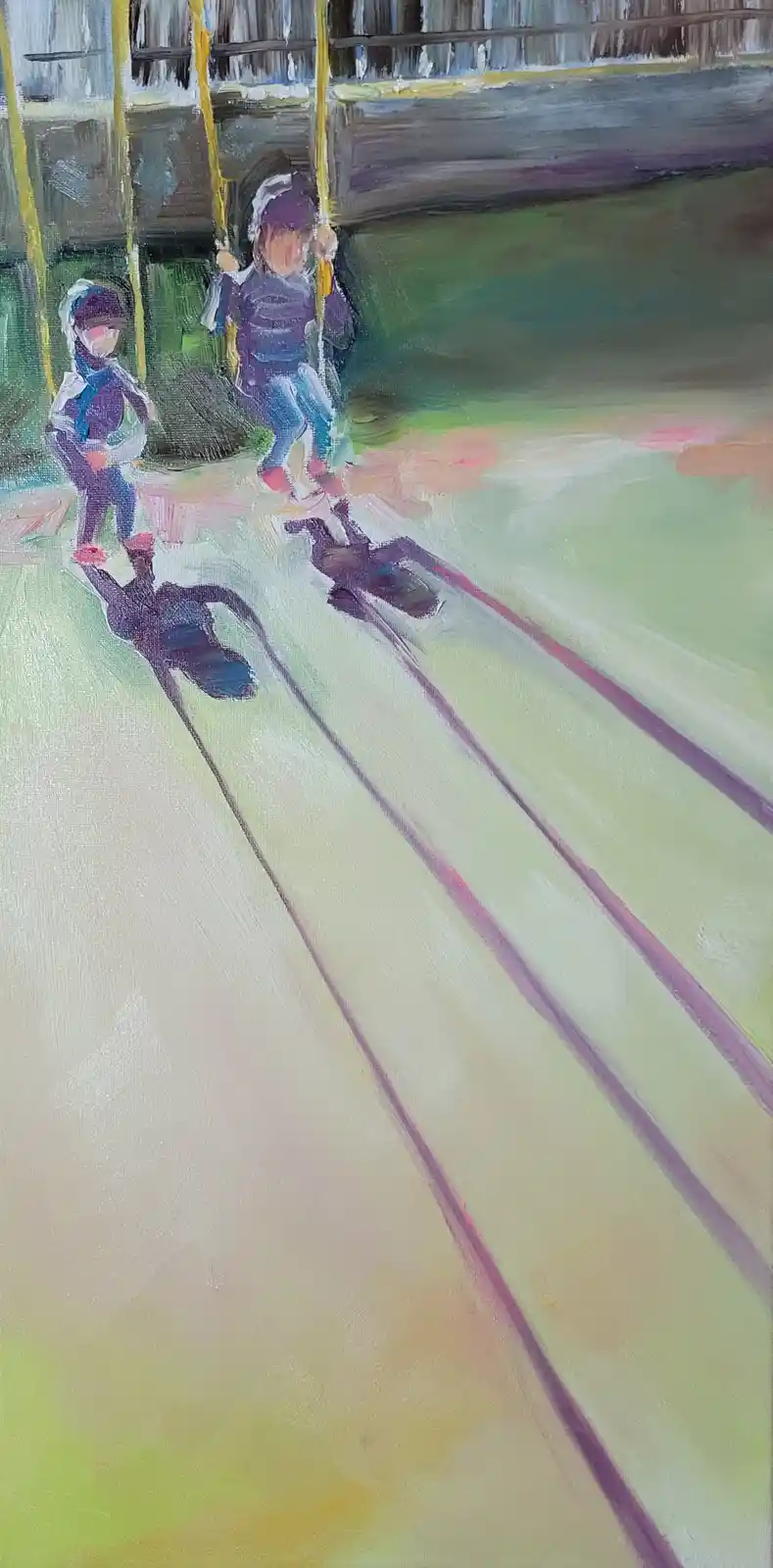 An impressionistic painting shows two children on a playground swing set, one standing and one swinging, with long, blurred…