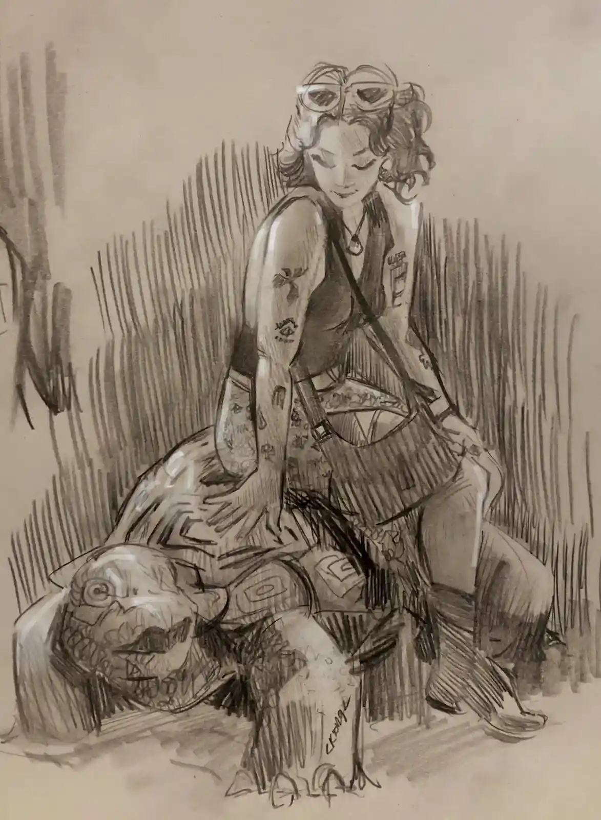 A pencil sketch depicts a woman with curly hair and goggles perched on her head, sitting atop a large, stylized turtle. She…