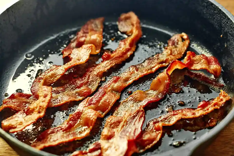 Crispy bacon strips sizzle in a black frying pan, their fat rendered and bubbling around them. The overlaid text reads…