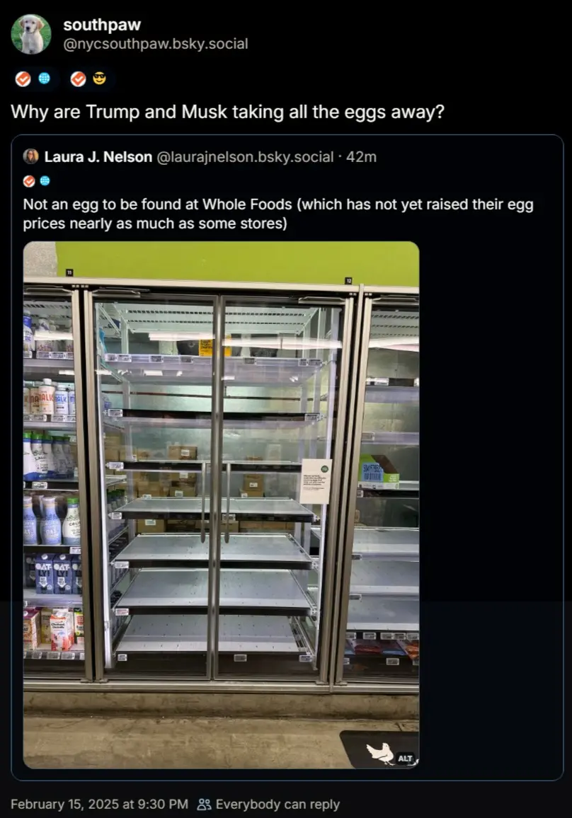 A screenshot of a social media post showing an empty refrigerated egg section in a Whole Foods store, with overlaid text…