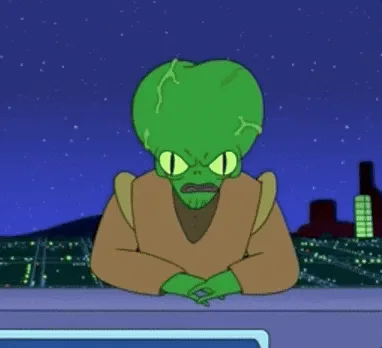 A six-panel comic strip shows a green-skinned alien with glowing eyes and a brown robe, initially sitting calmly at a desk…