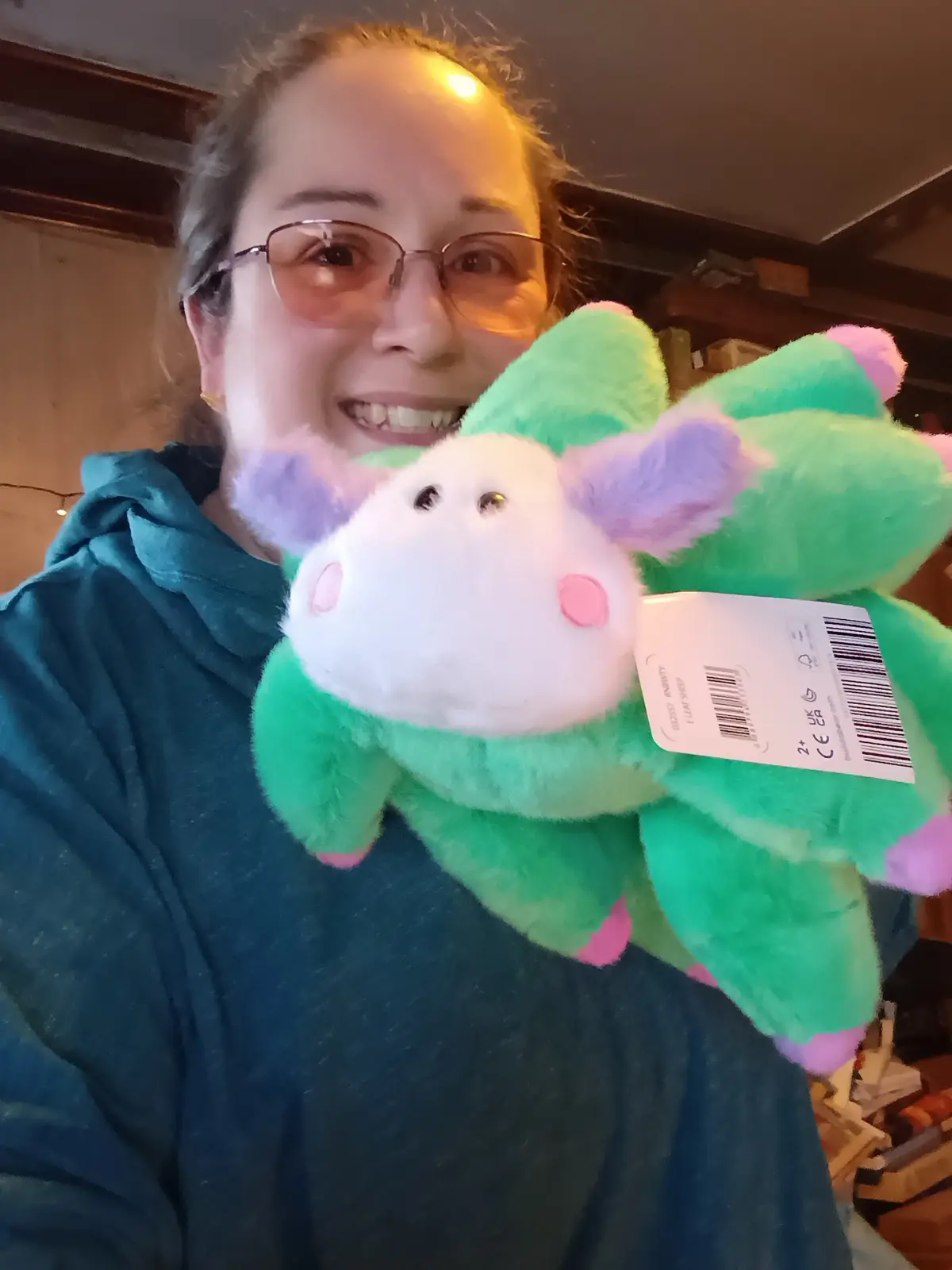 A person wearing glasses and a teal hoodie smiles while holding up a colorful plush toy that resembles a sheep with green…