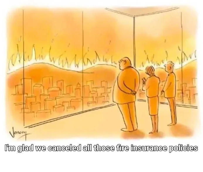 Three people stand inside a building looking out large windows at a cityscape engulfed in flames. The overlaid text reads…