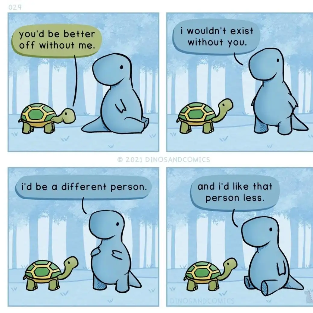 A four-panel comic strip featuring a green turtle and a blue dinosaur in a snowy forest. The turtle says 'you'd be better…