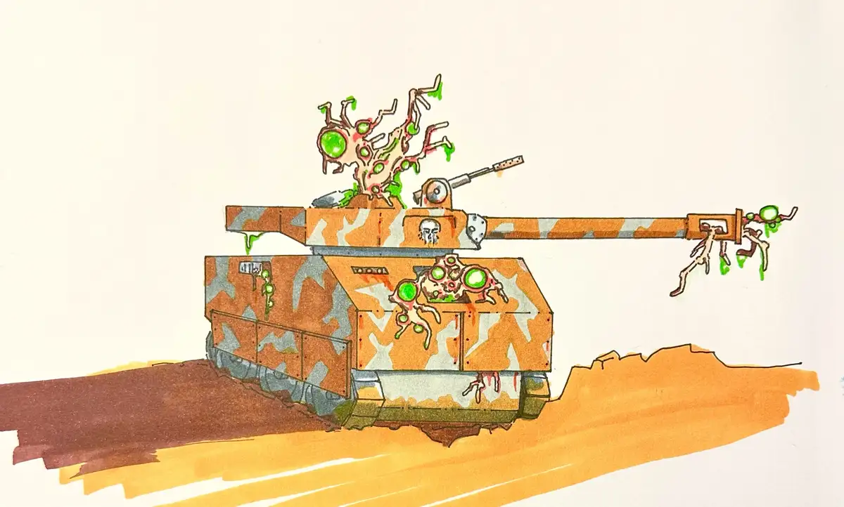 A hand-drawn illustration of a camouflaged tank with grotesque, green-eyed alien growths sprouting from its turret, hull…