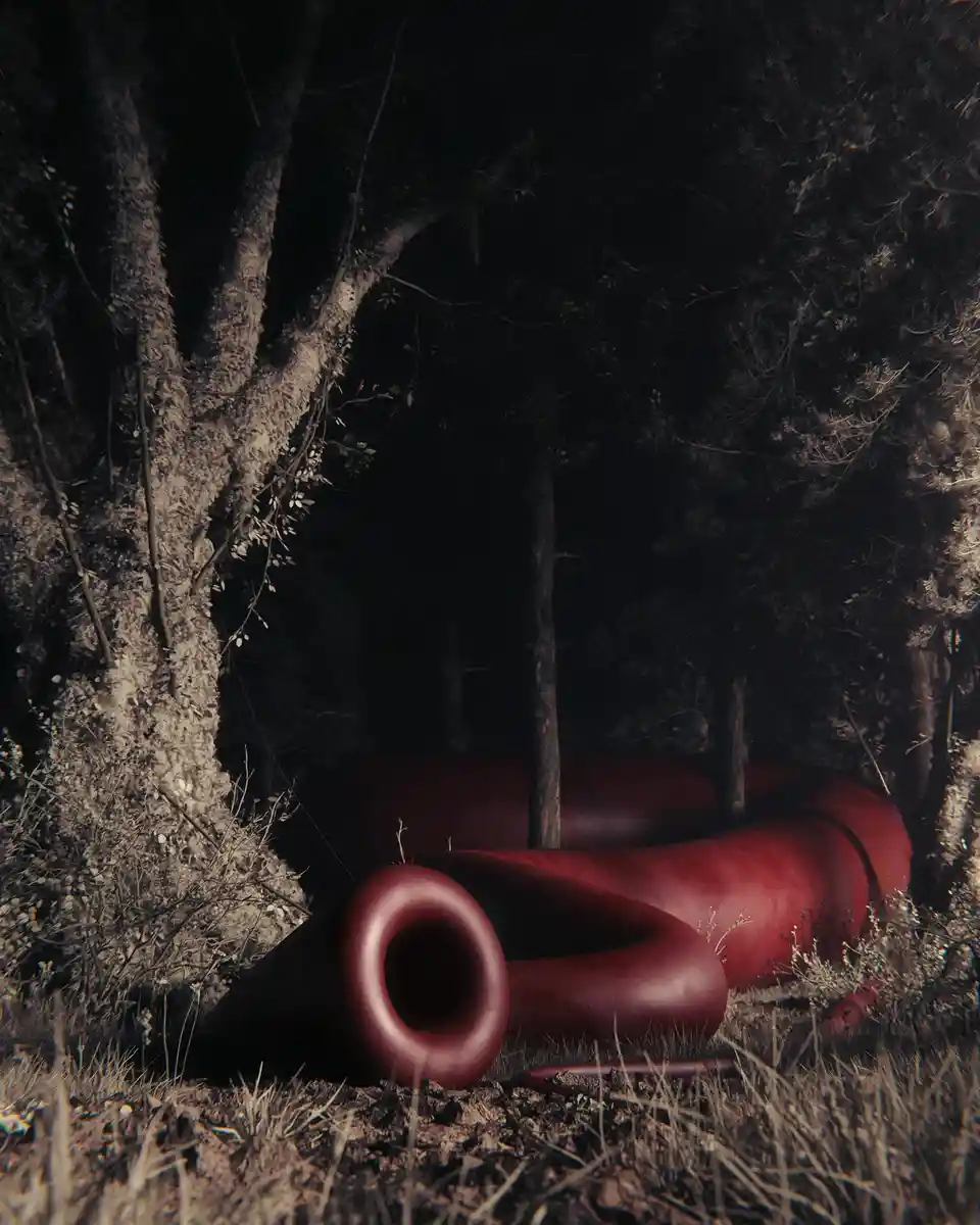 A dark, moody forest scene with gnarled trees and dry underbrush, where a large, glossy red dildo lies coiled on the ground…