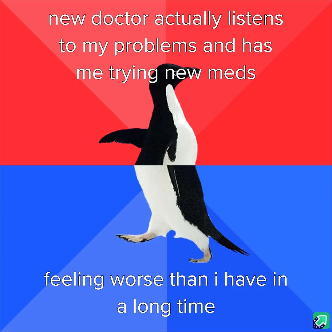 A penguin stands centered against a red and blue background, split horizontally. White text overlays the top half reading…