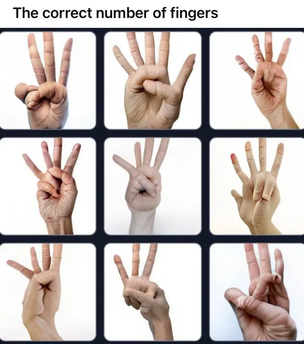 A grid of nine images shows different hands making various finger gestures, mostly showing three fingers extended while the…