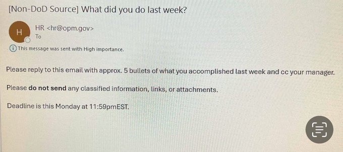 An email from HR at opm.gov with high importance, requesting a reply with 5 bullet points of accomplishments from last week…