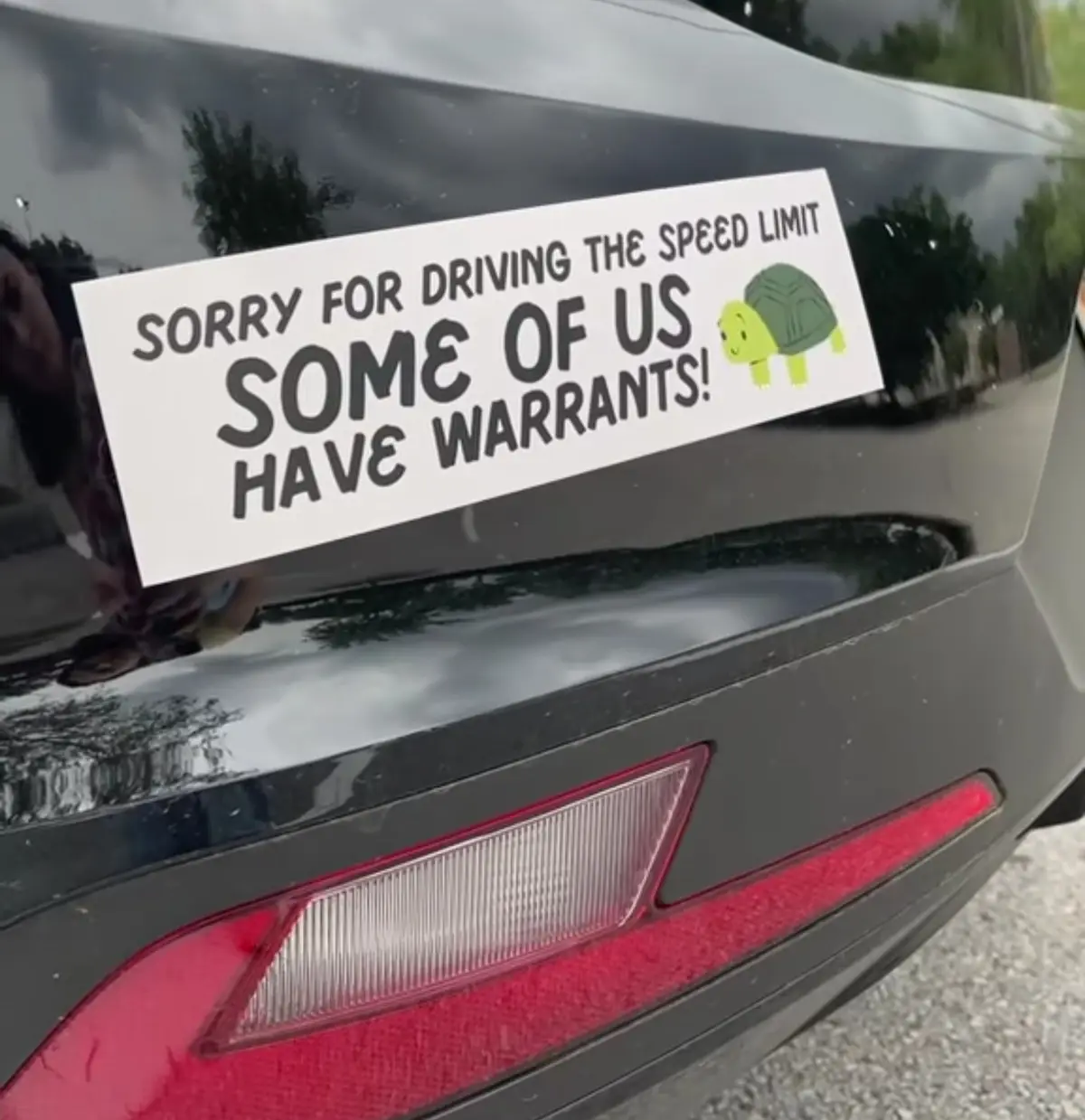 A white rectangular sticker is affixed to the rear of a black car, featuring bold black text that reads 'SORRY FOR DRIVING…