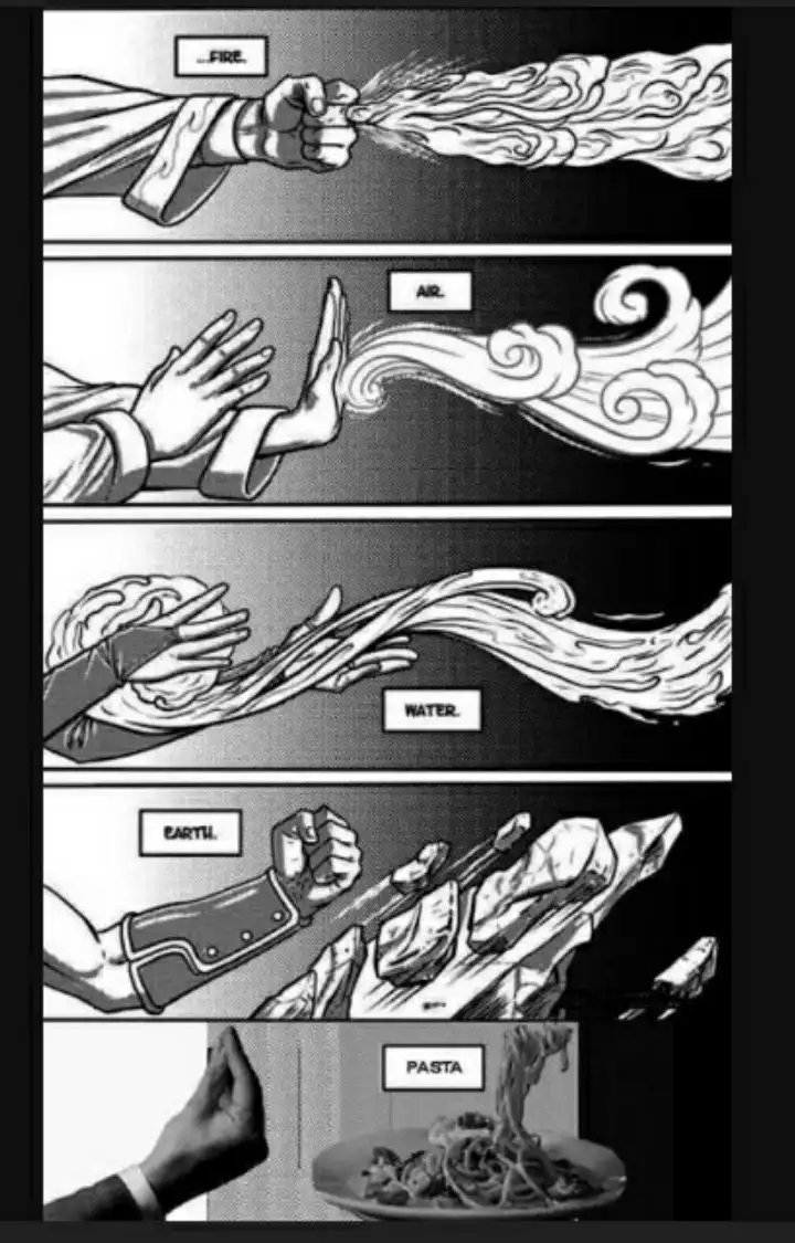 A black-and-white comic strip shows a character using elemental powers: fire, air, water, and earth, each depicted with…