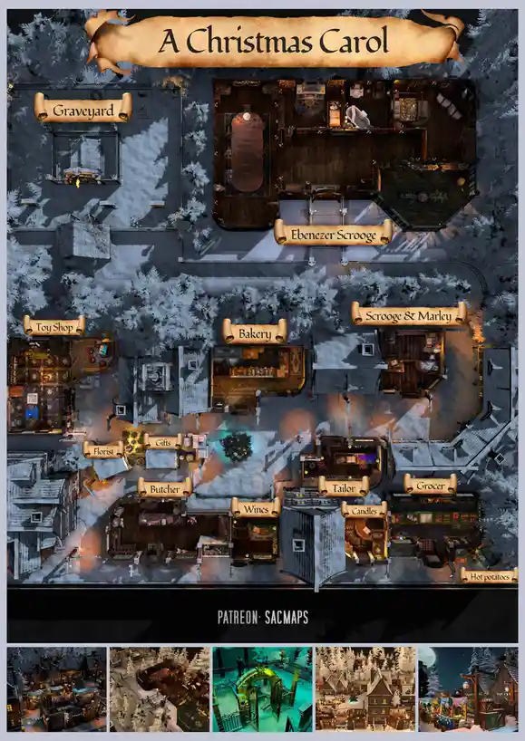 An overhead fantasy map titled 'A Christmas Carol' depicts a snowy village with labeled buildings including 'Graveyard'…