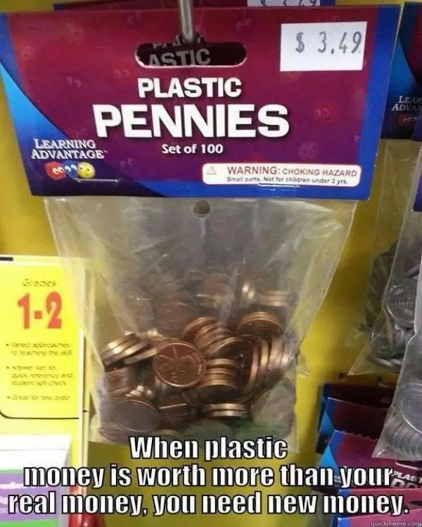 A package of 'Plastic Pennies' from Learning Advantage, priced at $3.49, contains 100 fake coins. The overlaid text reads…