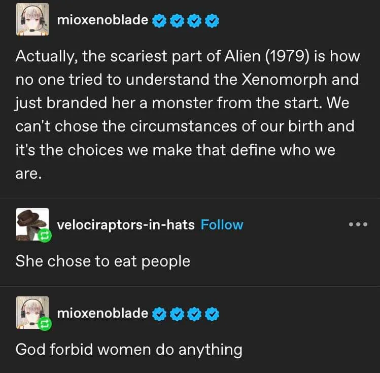 A screenshot of a social media thread shows user 'mioxenoblade' posting a philosophical take on the Xenomorph from Alien…