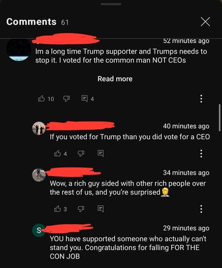 A screenshot of a social media comment section shows a user's comment criticizing Trump supporters for voting for CEOs…