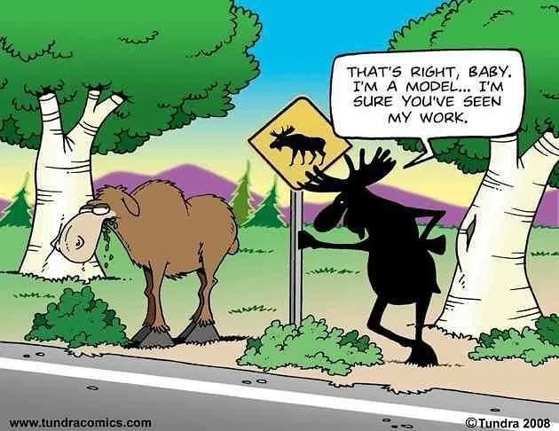 A cartoon moose stands confidently next to a road sign depicting a moose, striking a pose with one hand on its hip. A second…