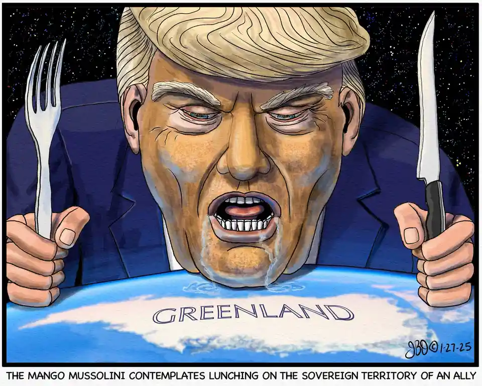 A cartoon depicts a caricature of Donald Trump with his signature hairstyle, wearing a blue suit, holding a knife and fork…