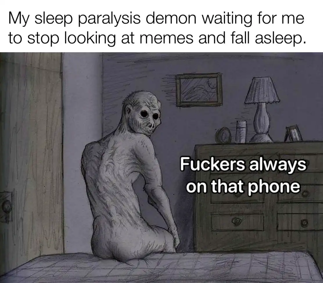 A sketch-style drawing shows a gaunt, skeletal demon with large black eyes sitting on a bed, looking over its shoulder. The…