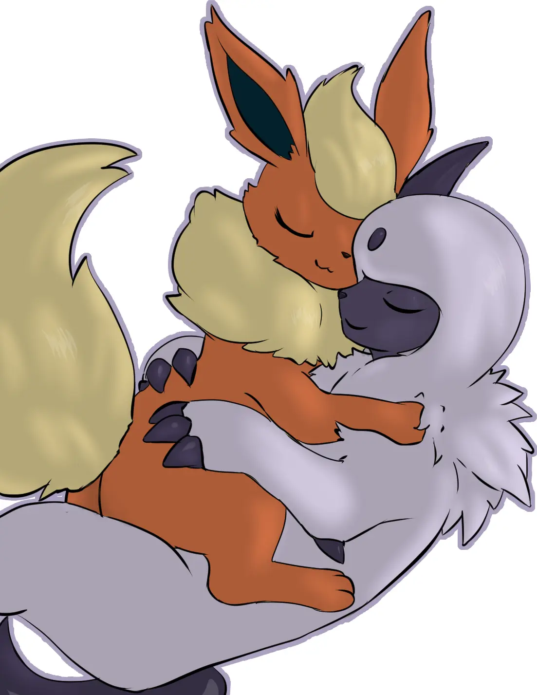 An orange fox-like Pokémon with a bushy tail and pointed ears is hugging a large, fluffy, grey, bear-like Pokémon. Both have…