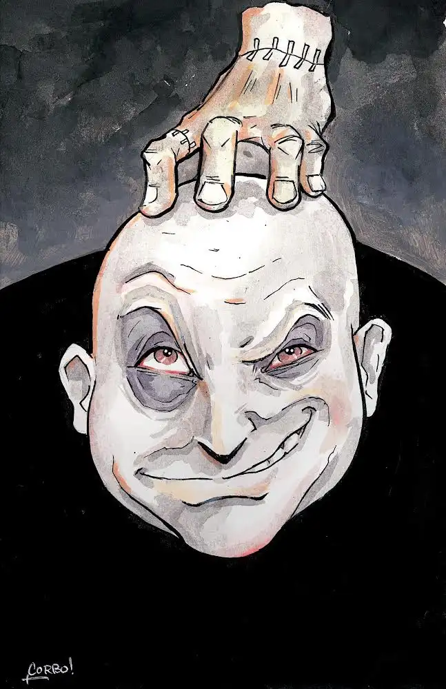 A watercolor illustration shows a bald, pale-faced man with a sinister grin and dark, shadowed eyes. A stitched, pale hand…