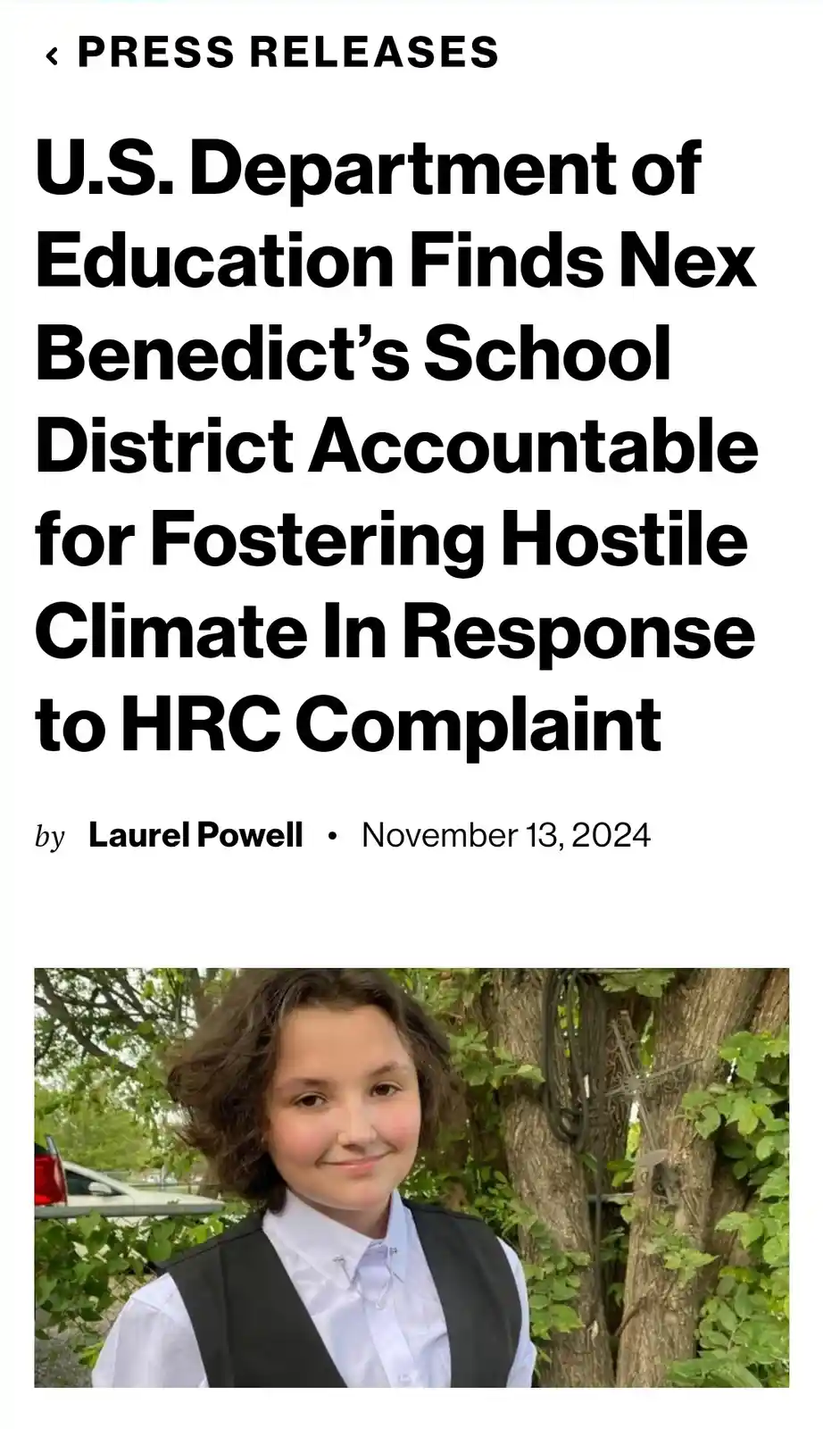 A screenshot of a fake press release from the U.S. Department of Education, dated November 13, 2024, by Laurel Powell…