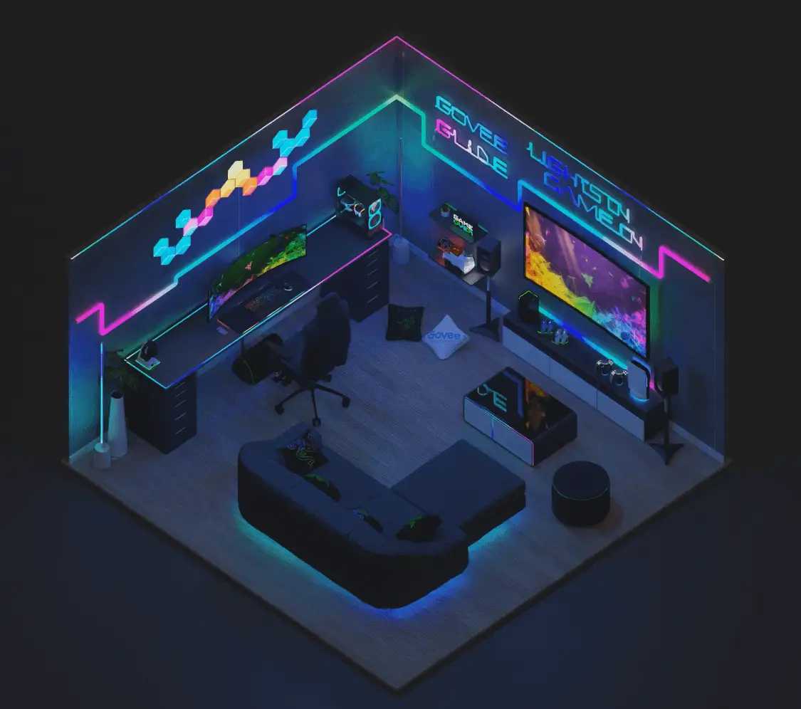 An isometric view of a highly stylized, neon-lit gaming room with a curved desk, large TV, and couch, all illuminated by…