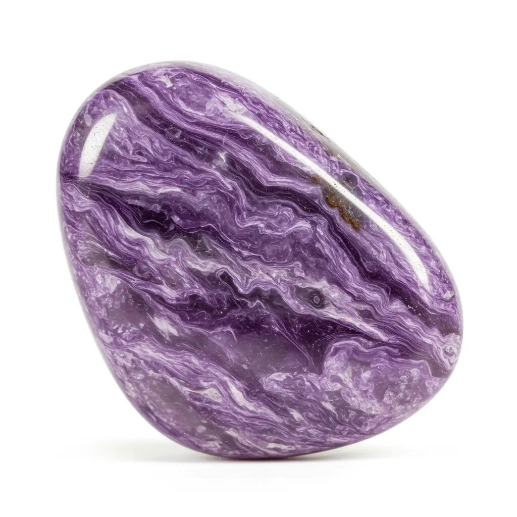 a smooth, polished purple stone with swirling white and dark purple patterns, shaped vaguely like a heart, sits against a…
