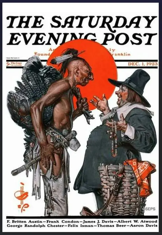 A vintage 1923 cover of The Saturday Evening Post depicts a Native American man with feathered headdress and a tomahawk…