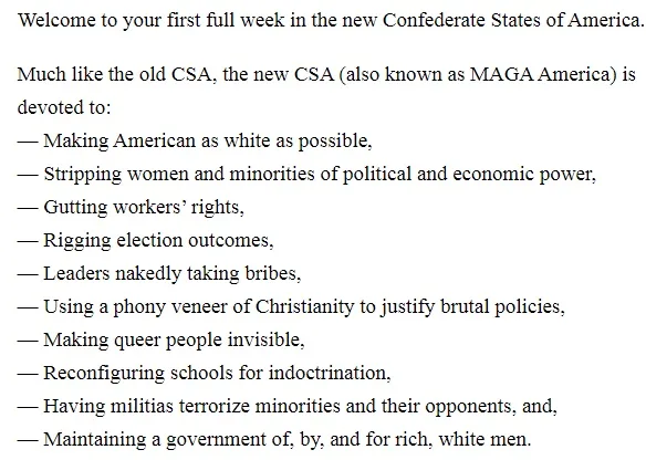 A text-based meme with a white background and black serif font, listing a satirical 'welcome' message for a fictional 'new…