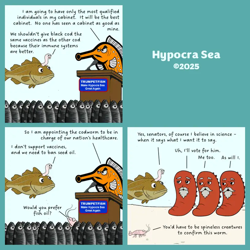 A three-panel cartoon depicts a fish politician, labeled 'TRUMPETFISH', giving a speech to a crowd of fish while a worm…