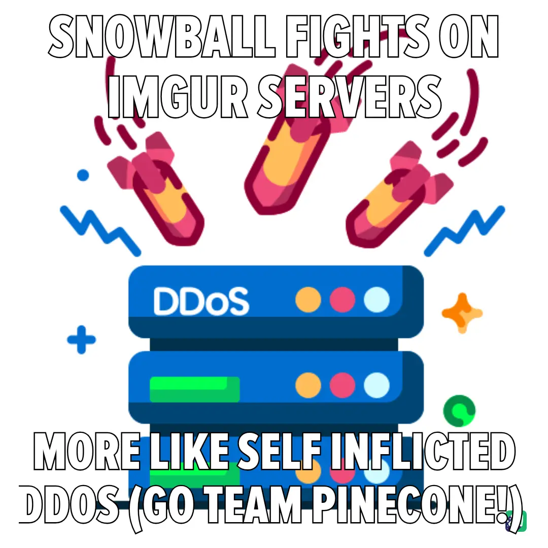 The image shows cartoon snowballs flying toward server racks labeled 'DDoS'. The top text reads 'SNOWBALL FIGHTS ON IMGUR…