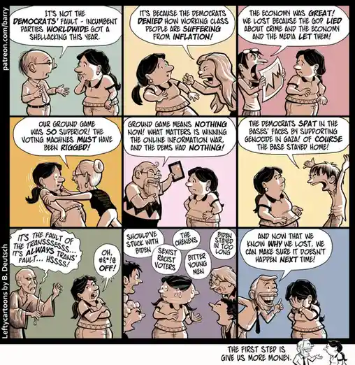 A comic strip shows a woman arguing with various people about why Democrats lost an election, blaming everything from global…
