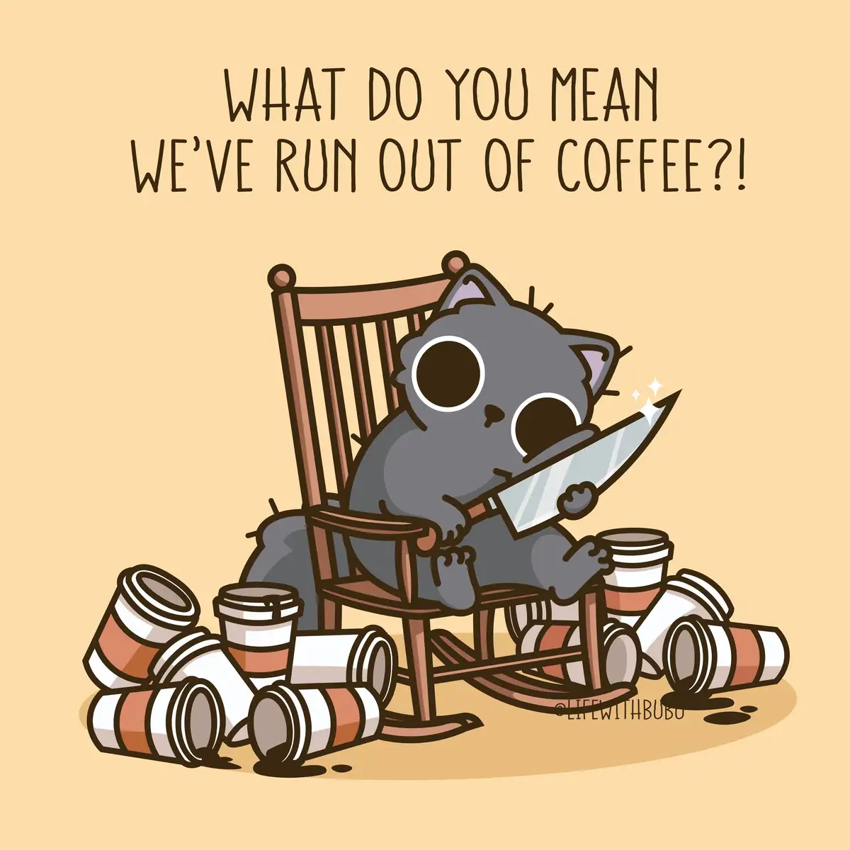 A cartoon gray cat sits in a wooden rocking chair, holding a large knife, surrounded by numerous spilled coffee cups on the…