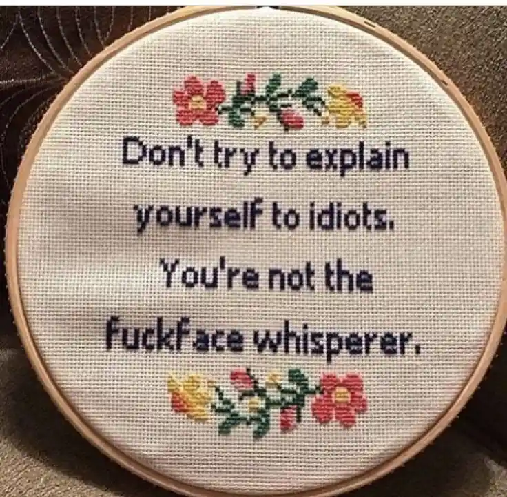 A close-up of a circular embroidery hoop holding white fabric with black stitched text that reads 'Don't try to explain…