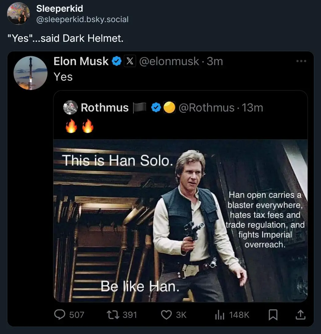 A screenshot of a social media thread shows Elon Musk replying 'Yes' to a post. The post is a meme featuring Han Solo…