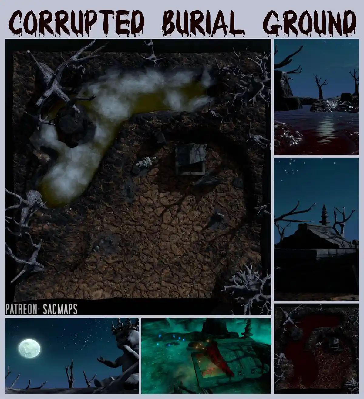 A collage of six dark, eerie images depicting a corrupted burial ground with twisted trees, murky water, blood-like pools…