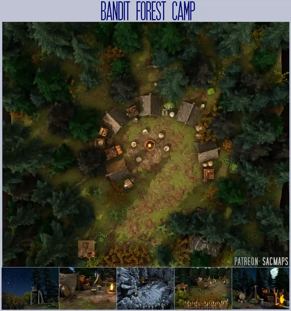An overhead view of a rustic bandit camp nestled in a dense forest, featuring several tents, a central campfire, barrels…