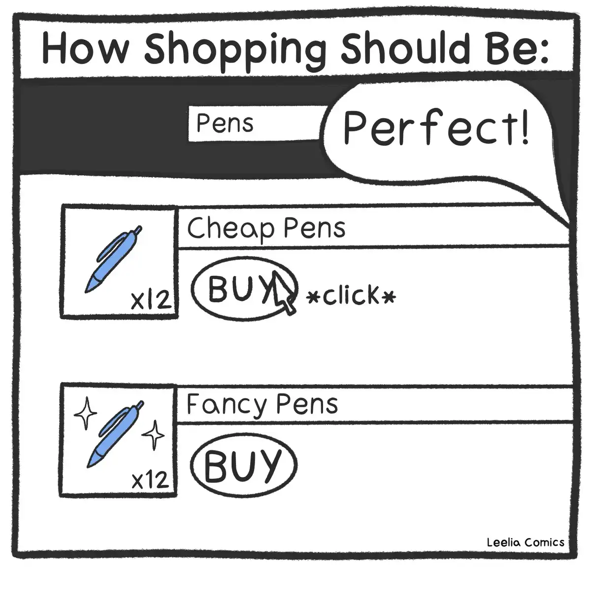 A cartoon illustration of an online shopping page titled 'How Shopping Should Be: Perfect!' showing two product listings for…