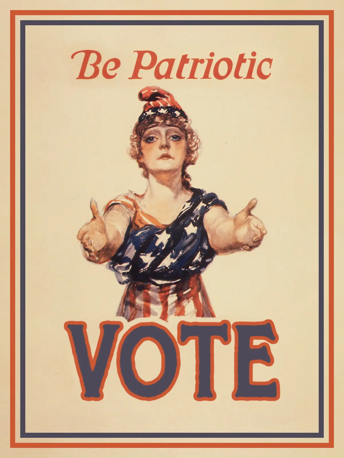 A vintage American propaganda poster features a woman dressed in stars and stripes, giving two thumbs up while looking…
