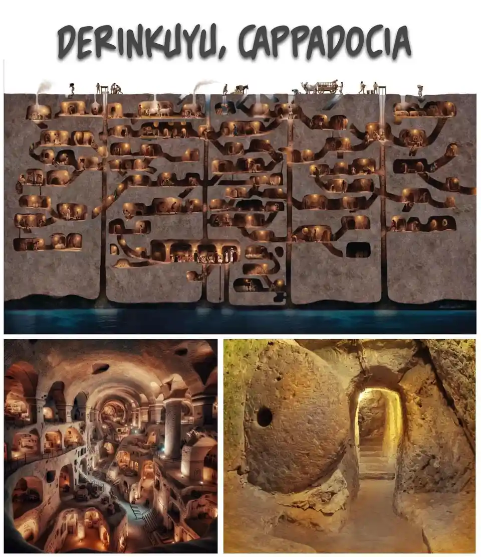 The image displays a large, detailed cross-section illustration of Derinkuyu, a multi-level underground city in Cappadocia…
