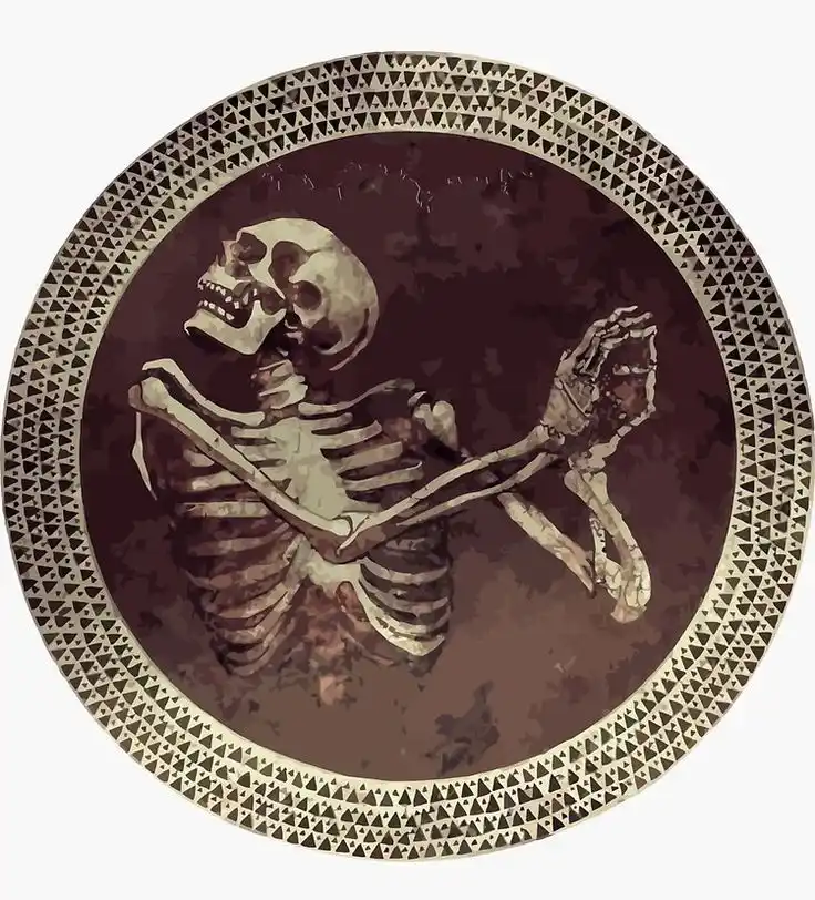 A stylized illustration of a human skeleton sitting upright on a decorative circular plate with a geometric triangular…