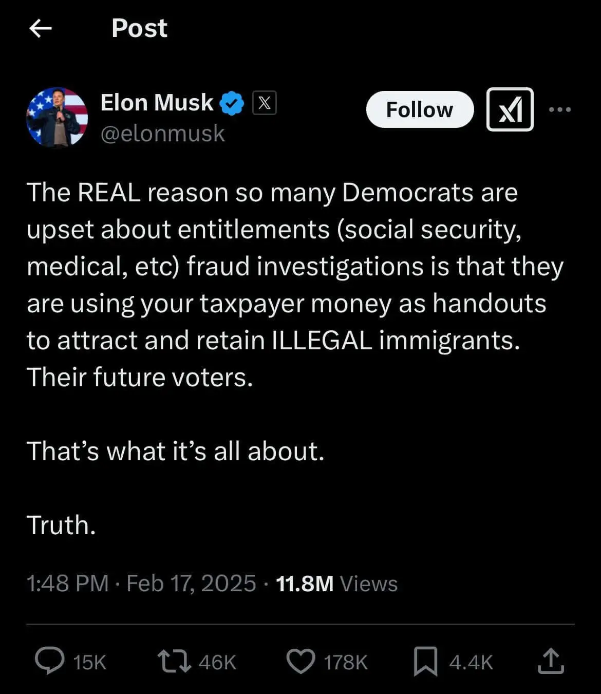 A screenshot of a social media post by Elon Musk, showing his profile picture and handle, with white text on a black…