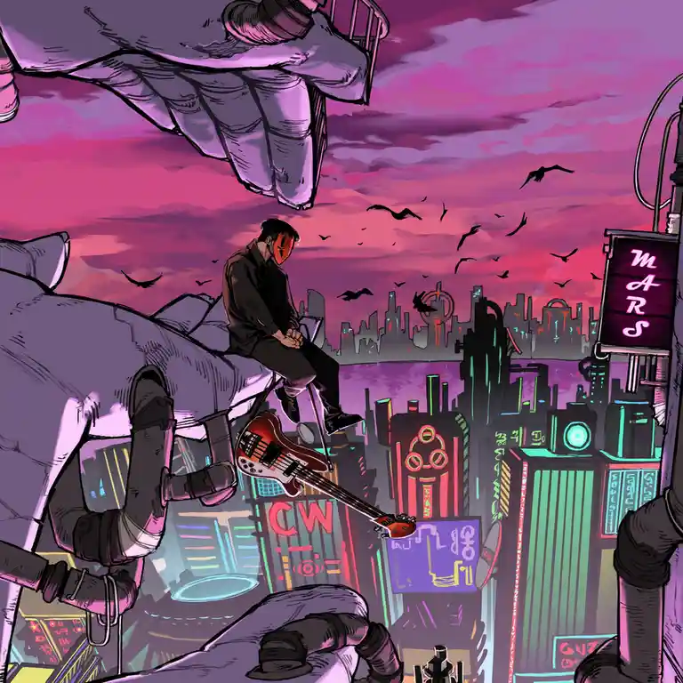 A stylized illustration shows a man in a black suit and red mask sitting on a giant hand holding a bass guitar, overlooking…