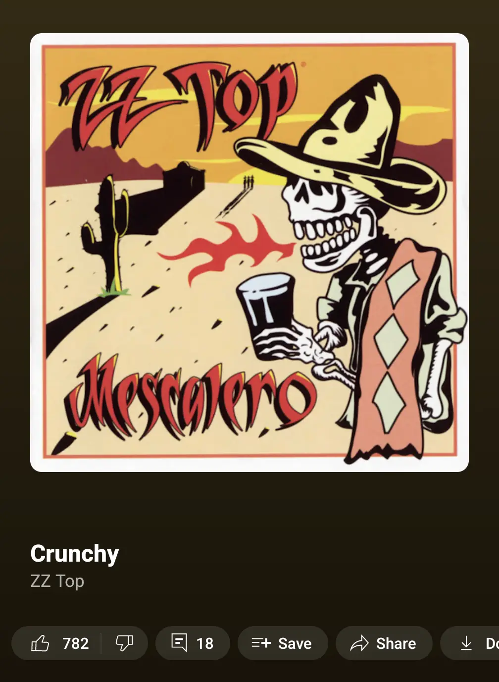 The image displays the album cover art for ZZ Top's 'Mescalero,' featuring a cartoonish skeleton wearing a cowboy hat and…