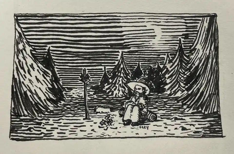 A black-and-white ink drawing depicts a bearded man in a wide-brimmed hat sitting cross-legged on the ground, seemingly deep…