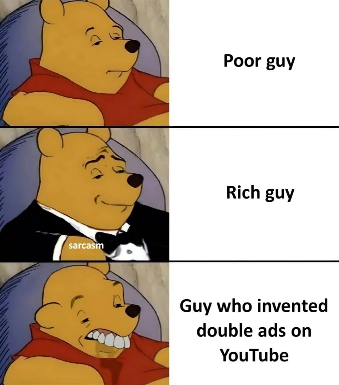 The image is a three-panel meme featuring Winnie the Pooh. In the top panel, Pooh in his red shirt looks sad with the text…