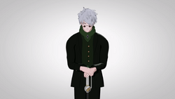 A stylized anime character with silver hair and a green scarf stands against a plain gray background, holding a spoon. The…