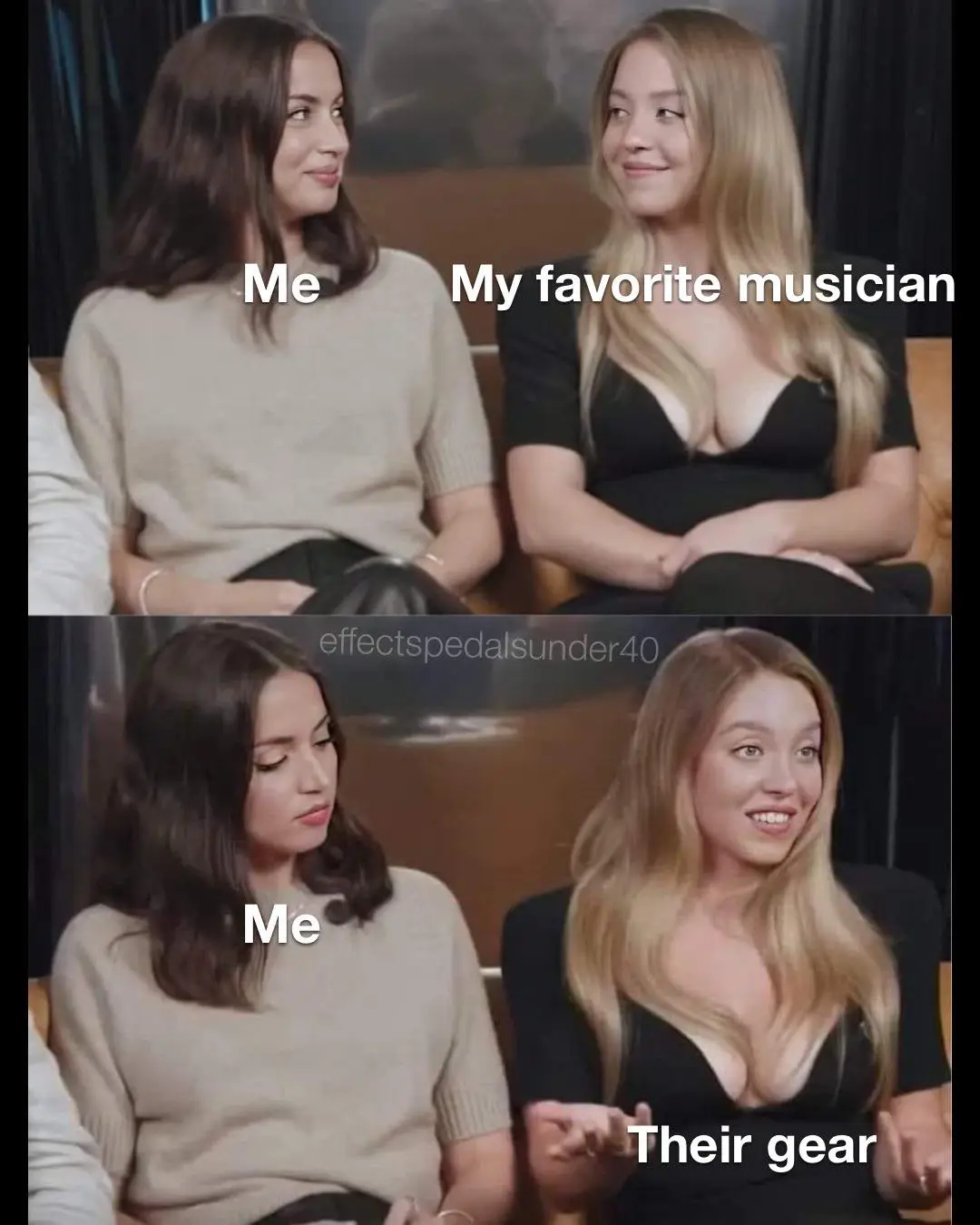 Two women sit side by side in a split-panel image. In the top panel, the woman on the left is labeled 'Me' and smiles at the…