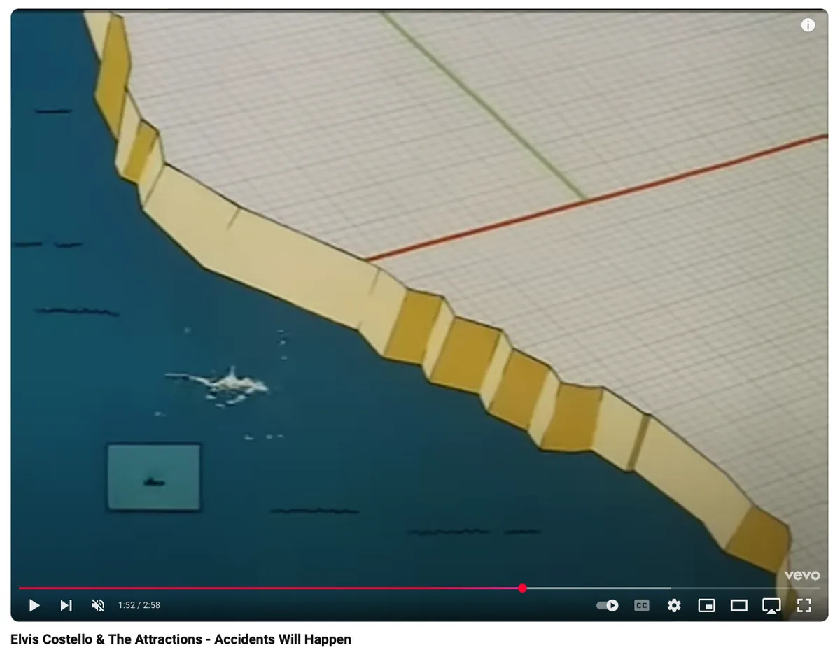 A still from an animated video shows a stylized, grid-patterned landmass with a jagged yellow border next to dark blue…