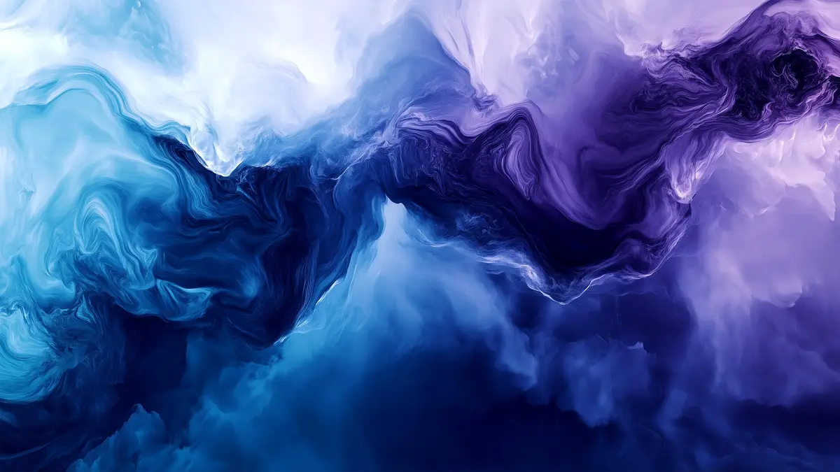 The image displays a vibrant abstract artwork featuring swirling gradients of blue and purple ink-like colors blending into…